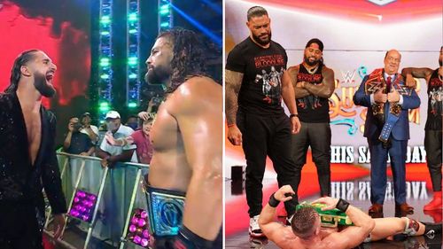 Reigns and Rollins' face-off (left); The Bloodline stands tall over Theory (right)