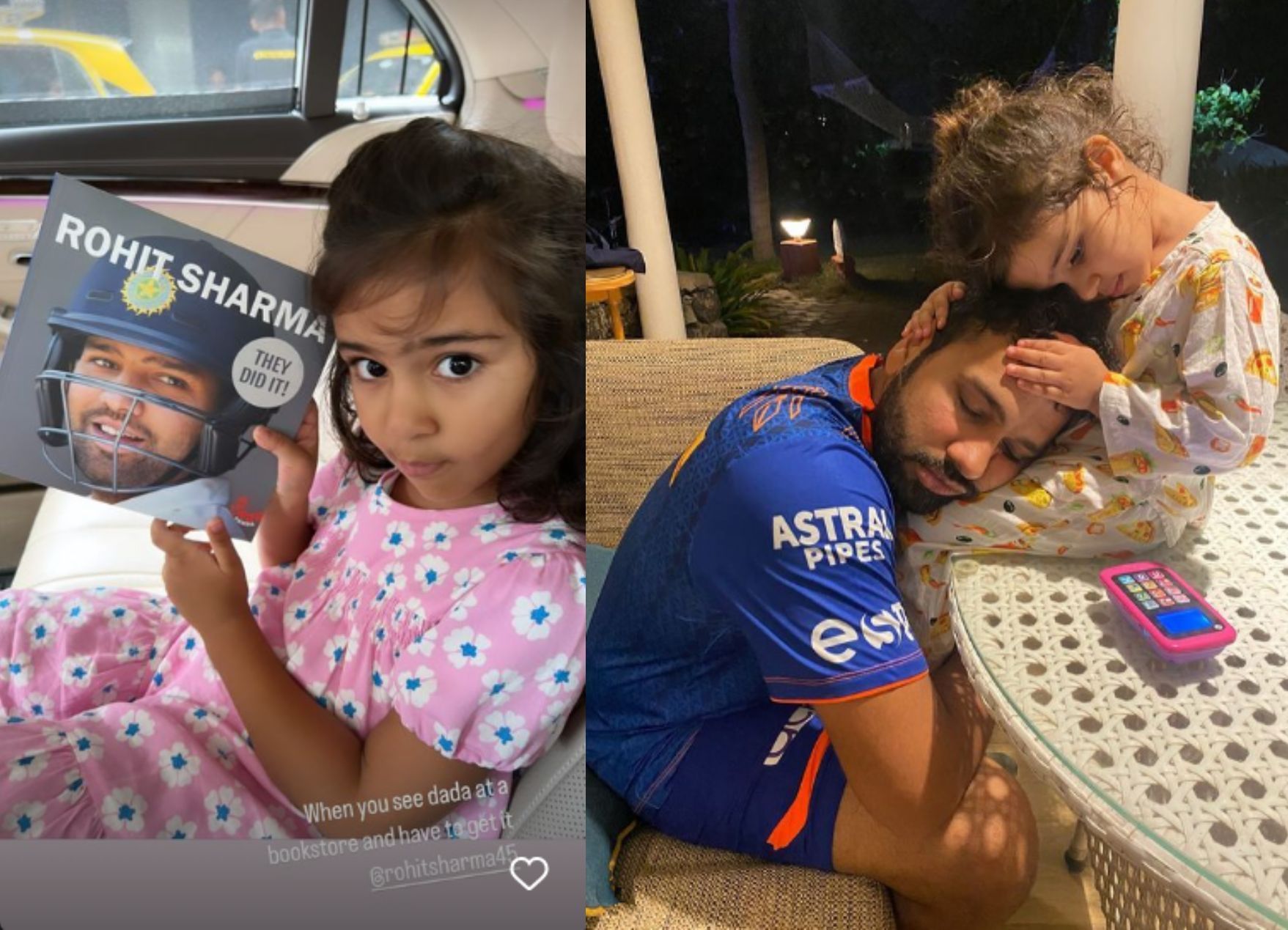 (Left) Samaira poses with a book written about her father; (Right) the father-daughter duo share an endearing moment.
