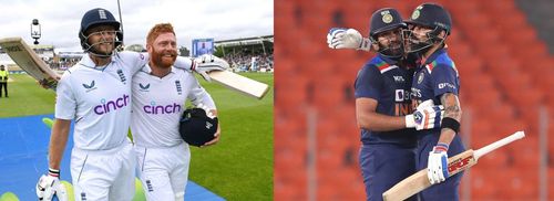 (Left) Joe Root and Jonny Bairstow; (Right) Rohit Sharma and Virat Kohli. Pics: Getty Images