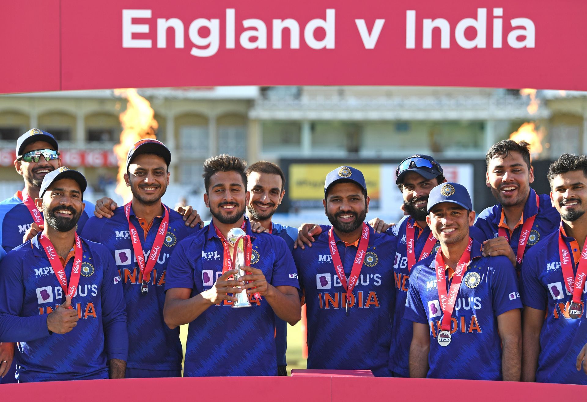 The Men in Blue celebrate their T20I series win over England. Pic: Getty Images