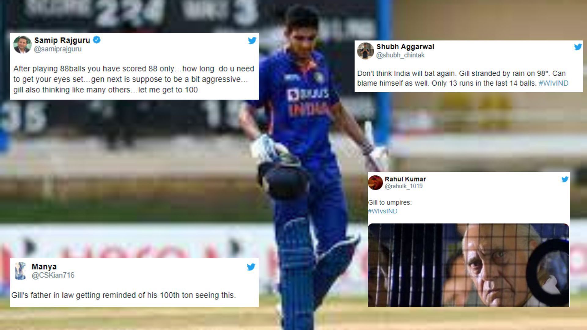 Shubman Gill was distraught when umpires asked the players to walk off due to rain. (P.C.:Twitter)