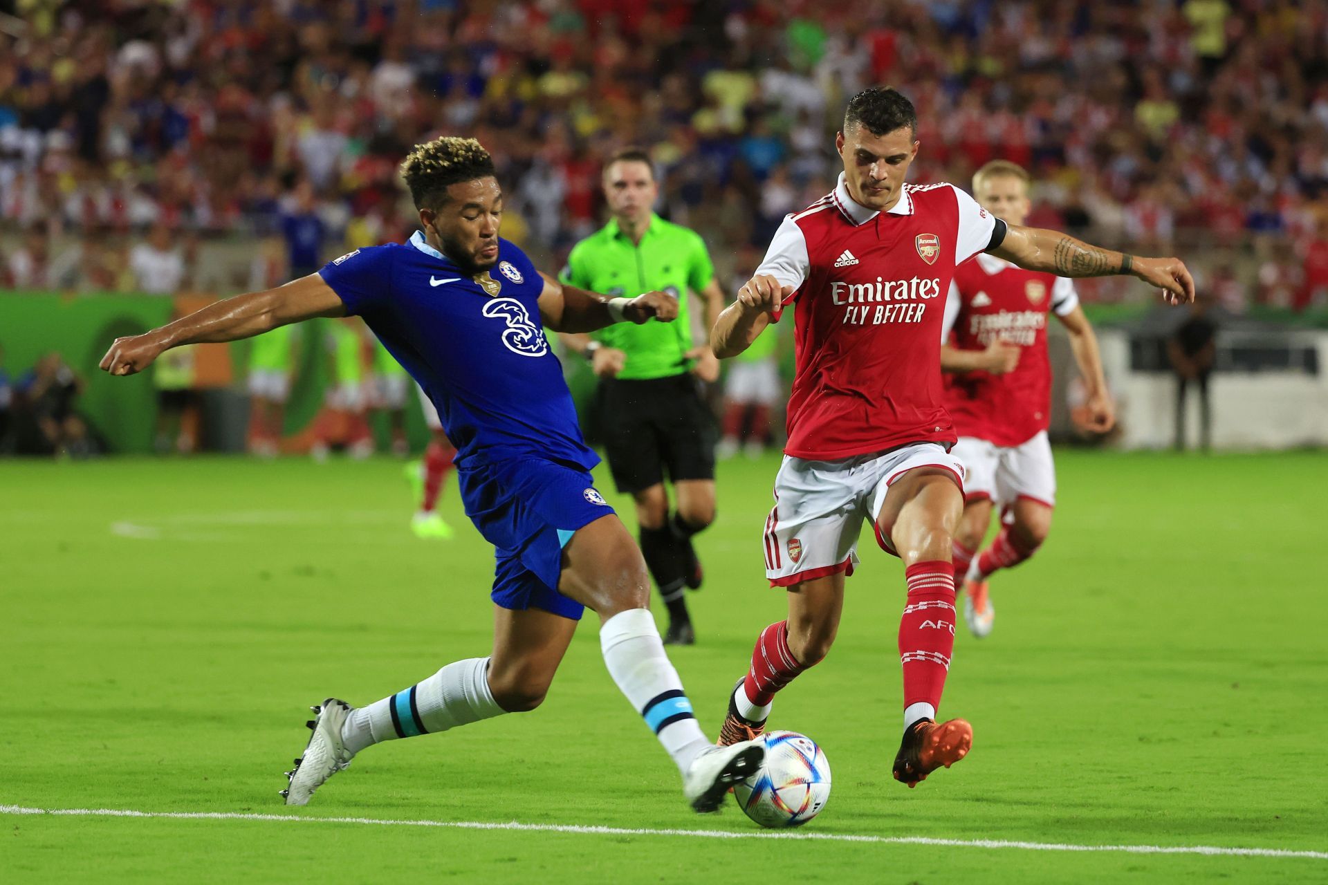 Chelsea v Arsenal - Florida Cup - Xhaka and James vying for the ball.