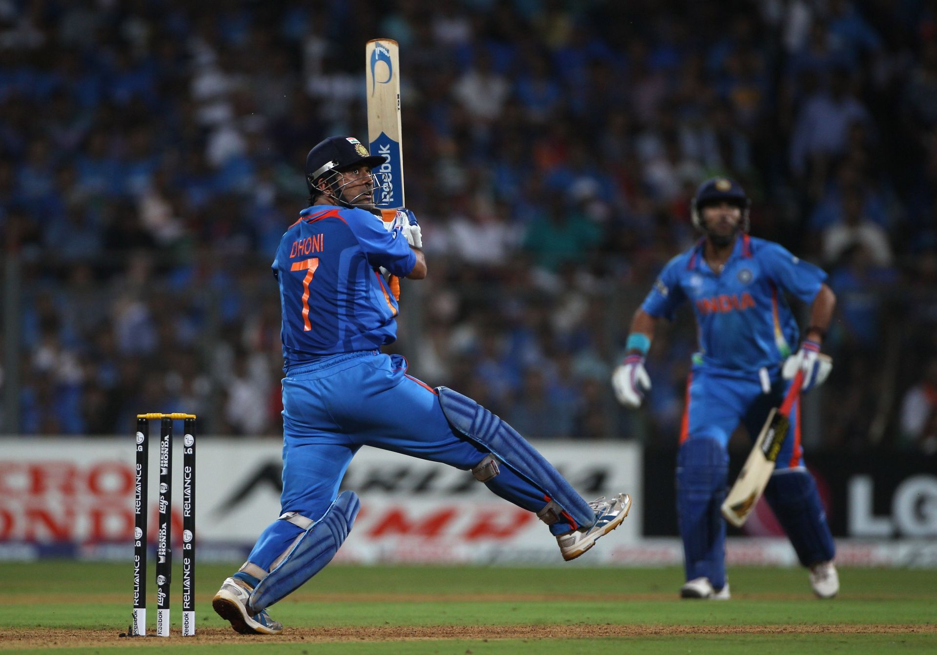 Mahendra Singh Dhoni of India hits a six during the 2011 ICC World Cup Final. Pic: Getty Images