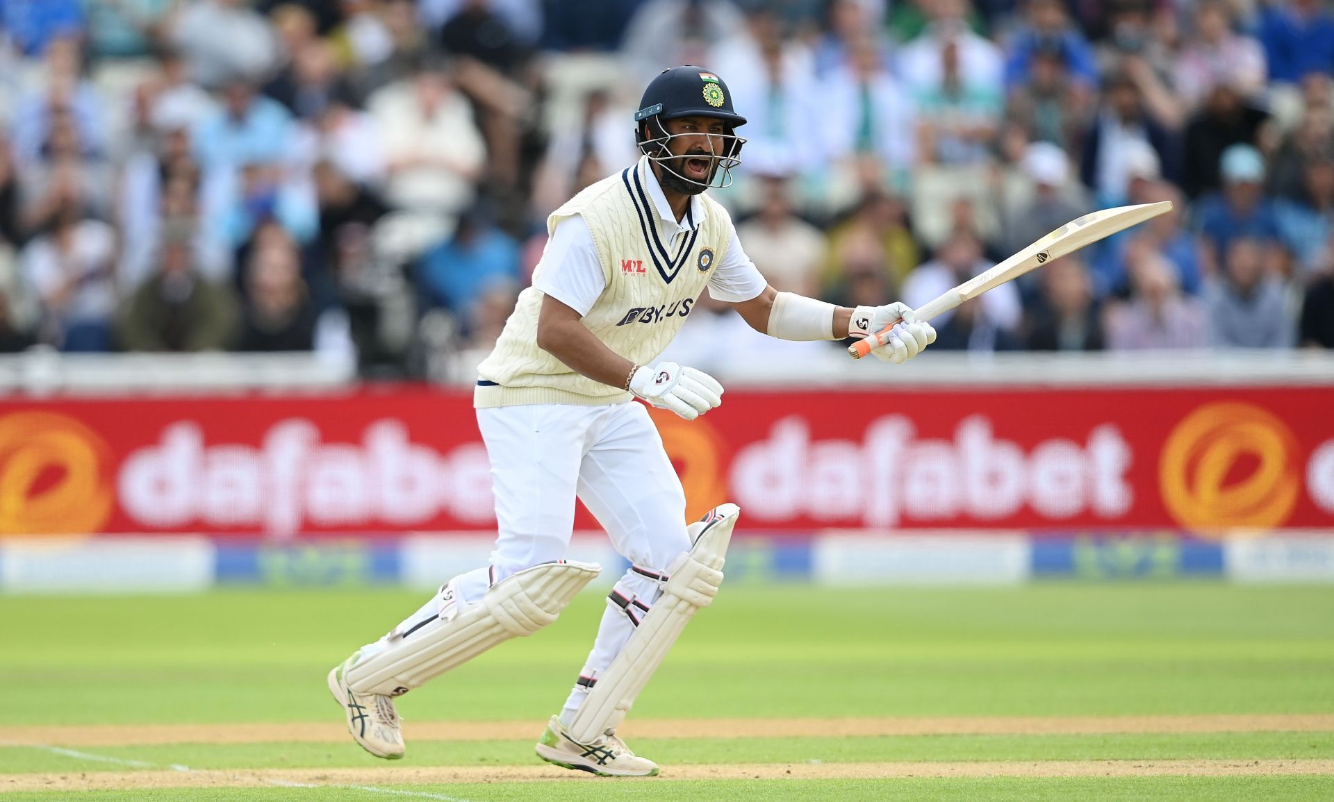 Cheteshwar Pujara defends a ball during day one. Pic: Getty Images