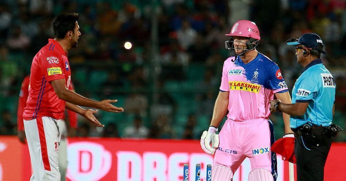 R Ashwin (left) and Jos Buttler during the 2019 run-out incident. Pic: BCCI