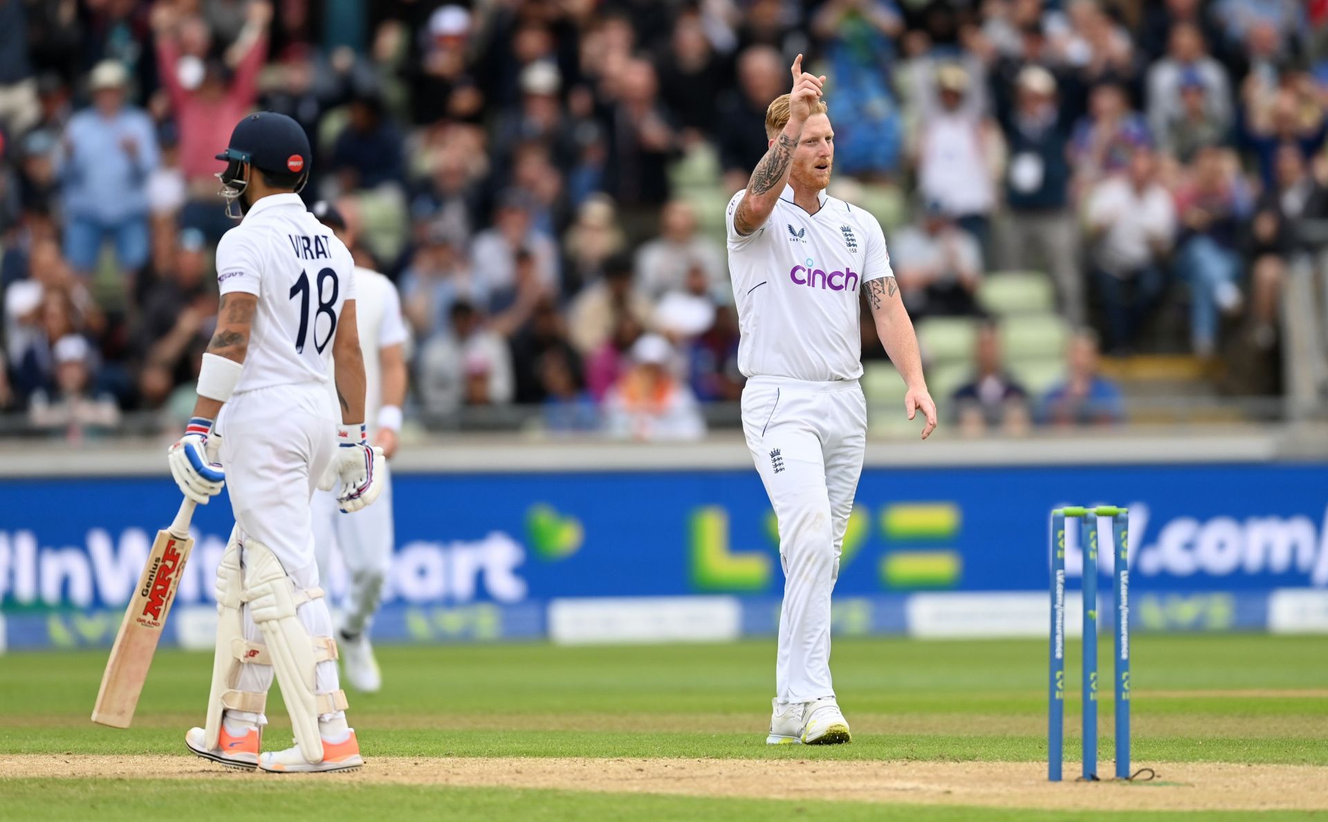 England captain Ben Stokes celebrates dismissing Virat Kohli. Pic: Getty Images