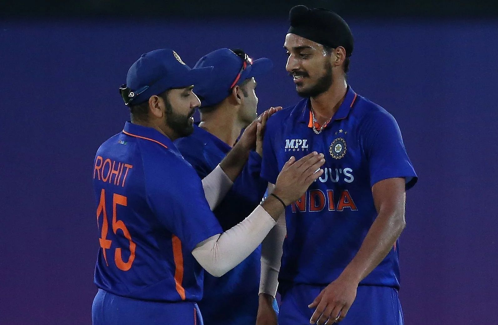 Arshdeep Singh (right) during the first T20I against England. Pic: Getty Images