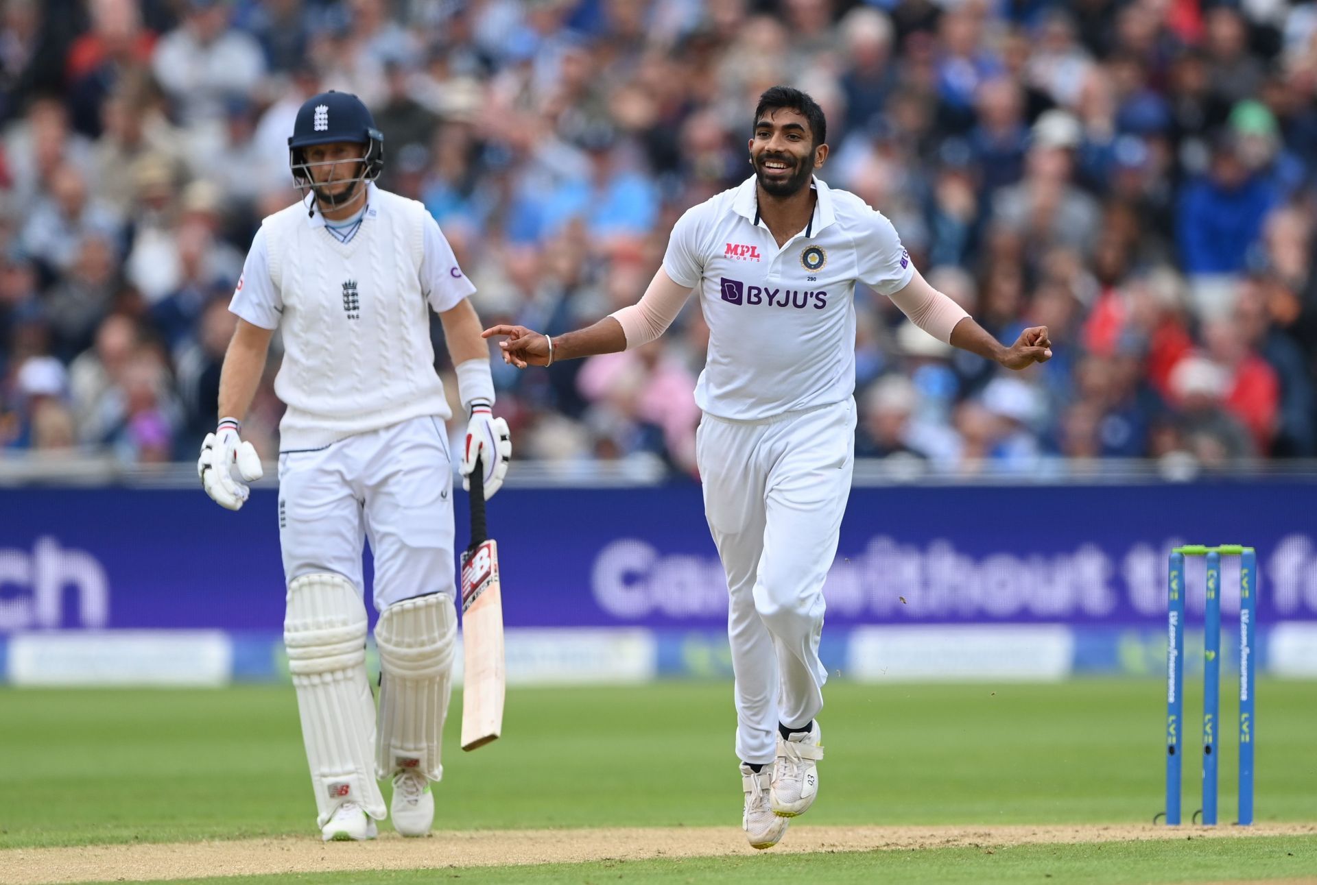 Jasprit Bumrah celebrates after taking the wicket of Ollie Pope. Pic: Getty Images