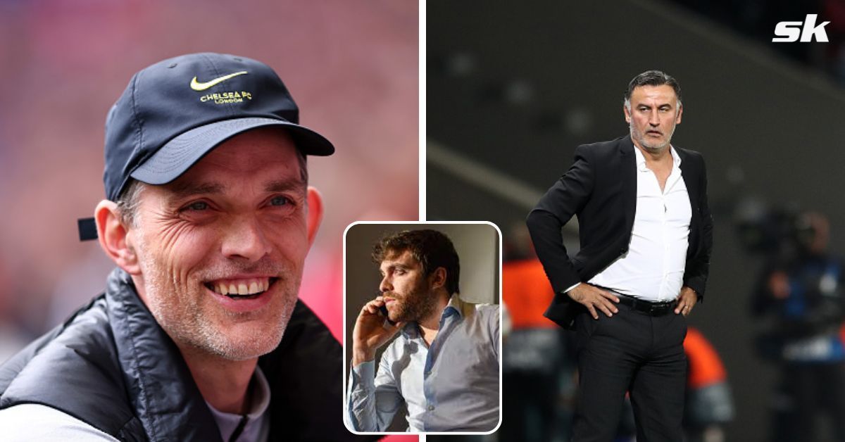 [L-to-R] Chelsea boss Thomas Tuchel and PSG manager Christophe Galtier; [inset] Fabrizio Romano.