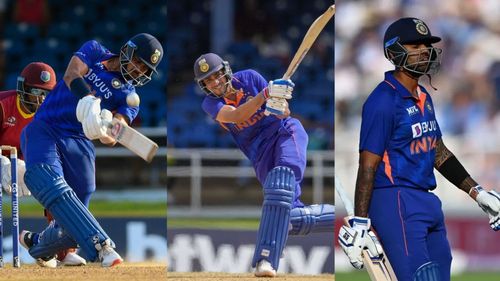 (L-R): Axar Patel, Shubman Gill and Suryakumar Yadav in action for Team India. (P.C.:Twitter)