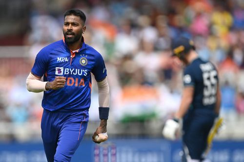 Hardik Pandya celebrates after taking the catch off his own bowling to dismiss Ben Stokes. Pic: Getty Images