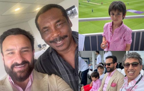 (Left) Saif Ali Khan with Gordon Greenidge; (Right top) Saif’s son Taimur (Right below) Saif and Taimur watching the watch. Credits: Kareena Kapoor/ Instagram