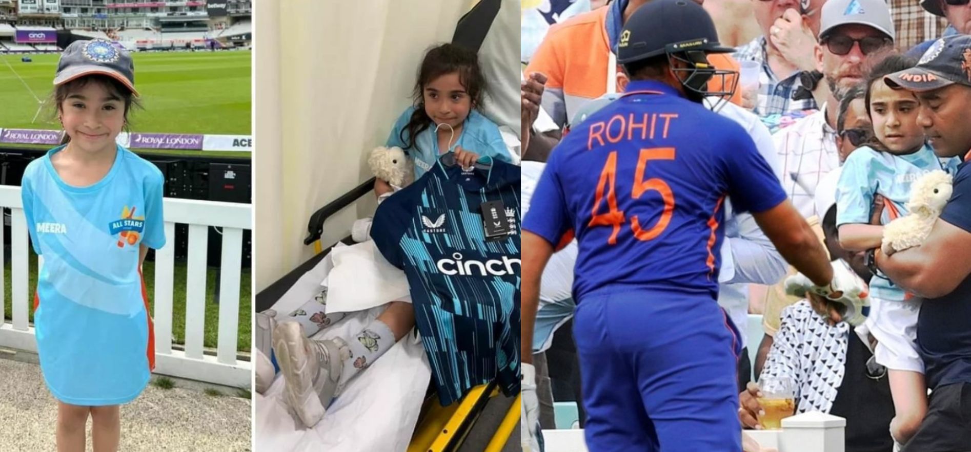 (Left) Meera Salvi was gifted a jersey by the England team. Pic: ROHIT Era/Twitter. (Right) Rohit meets Meera. Pic: cricketfan__/Twitter