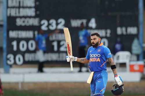 Virat Kohli after scoring 100 during the West Indies v India - One Day International Series in 2019 (Credits: Getty Images)