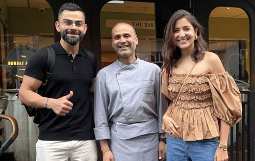 (L to R) Virat Kohli, Surender Mohan, and Anushka Sharma. (Pic: Twitter)