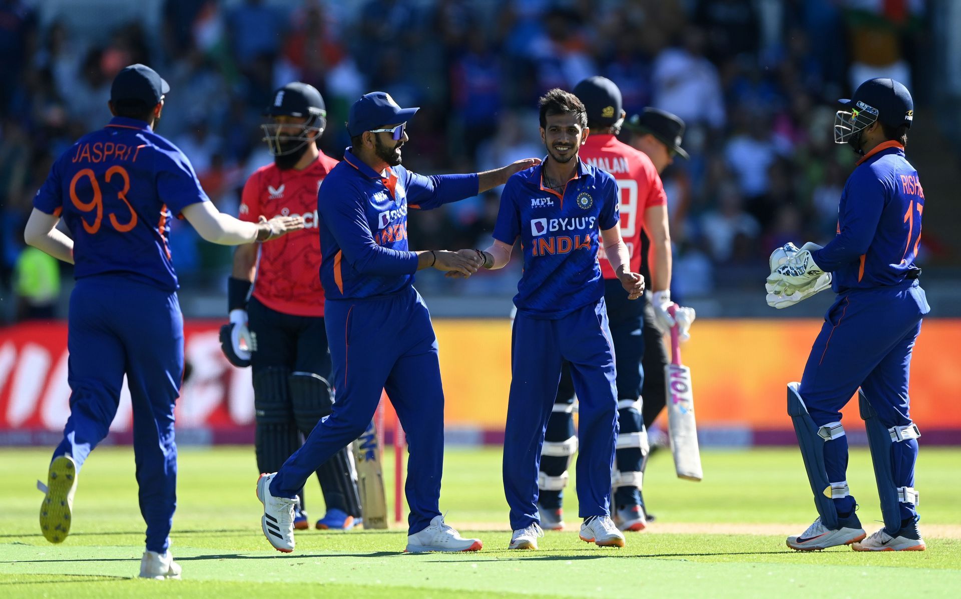Indian players celebrate after taking the wicket of Dawid Malan. Pic: Getty Images