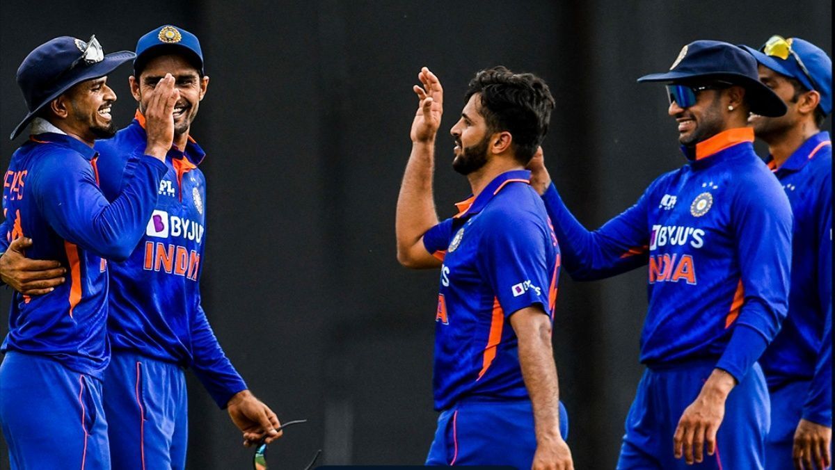 Team India celebrate a wicket against West Indies in the second ODI. Pic: BCCI