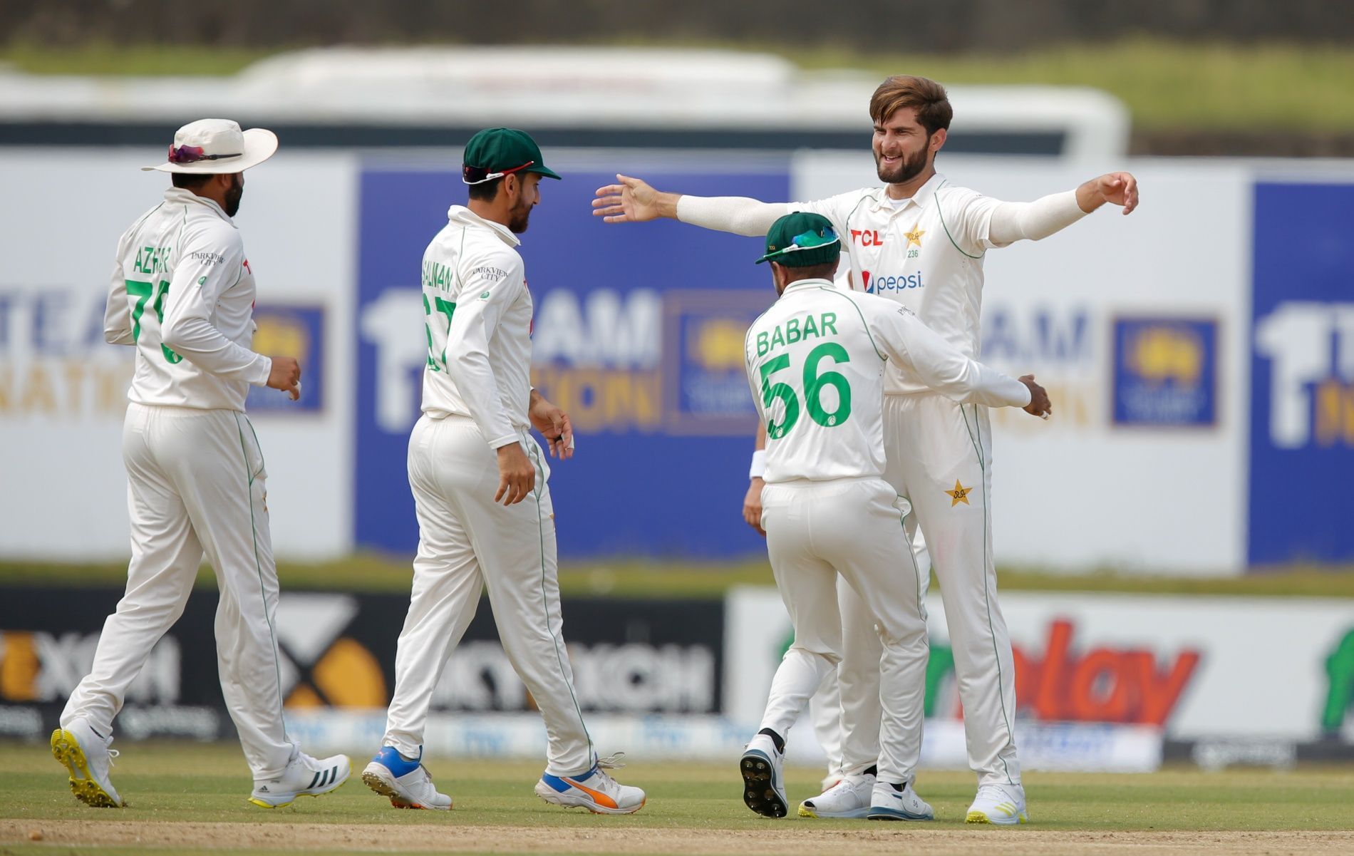 Shaheen Afridi celebrates one of his three wickets on Day 1 of the Galle Test. Pic: Sri Lanka Cricket