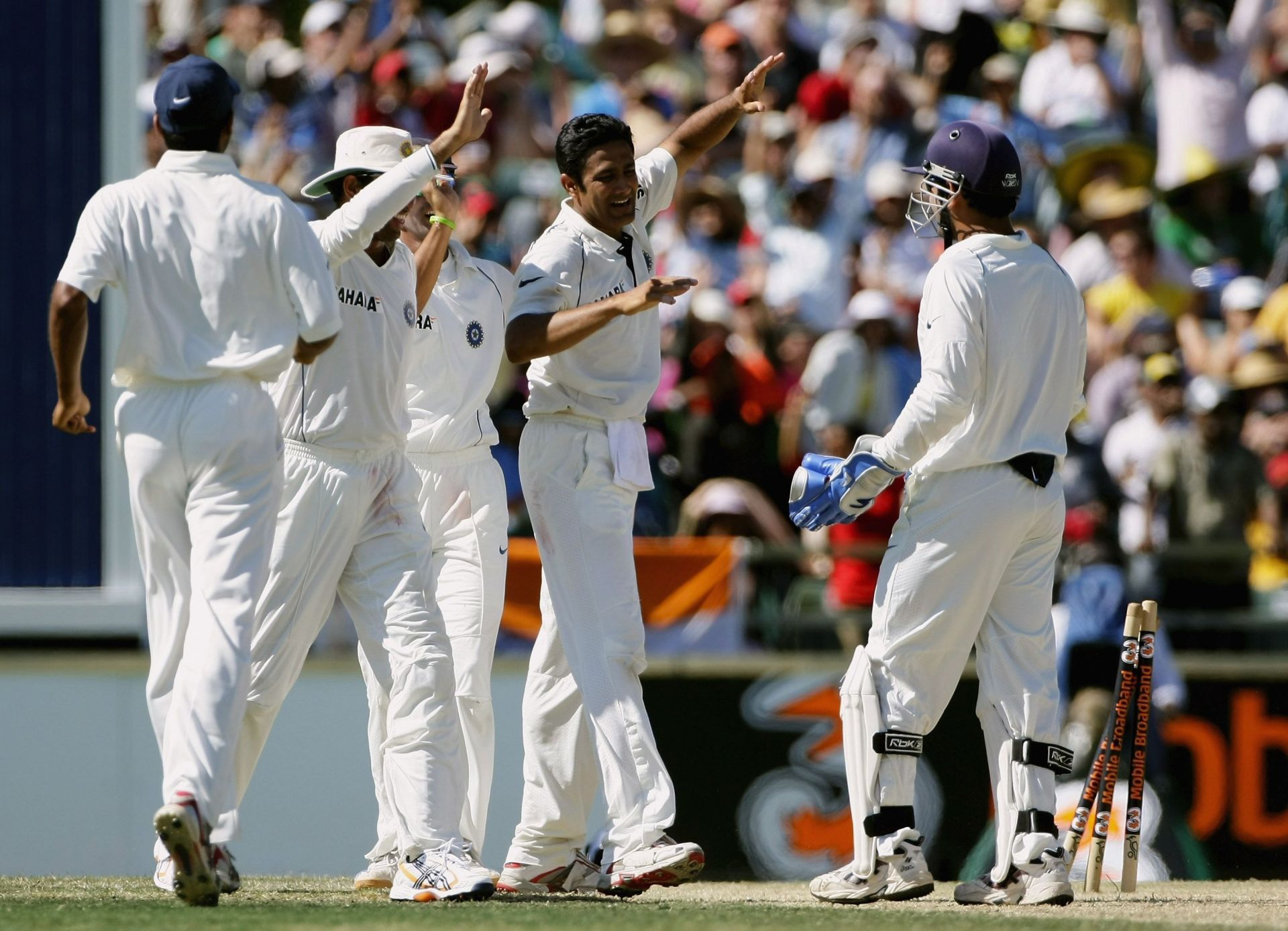 Anil Kumble celebrates the wicket of Michael Clarke during the 2007-08 Perth Test. Pic: Getty Images