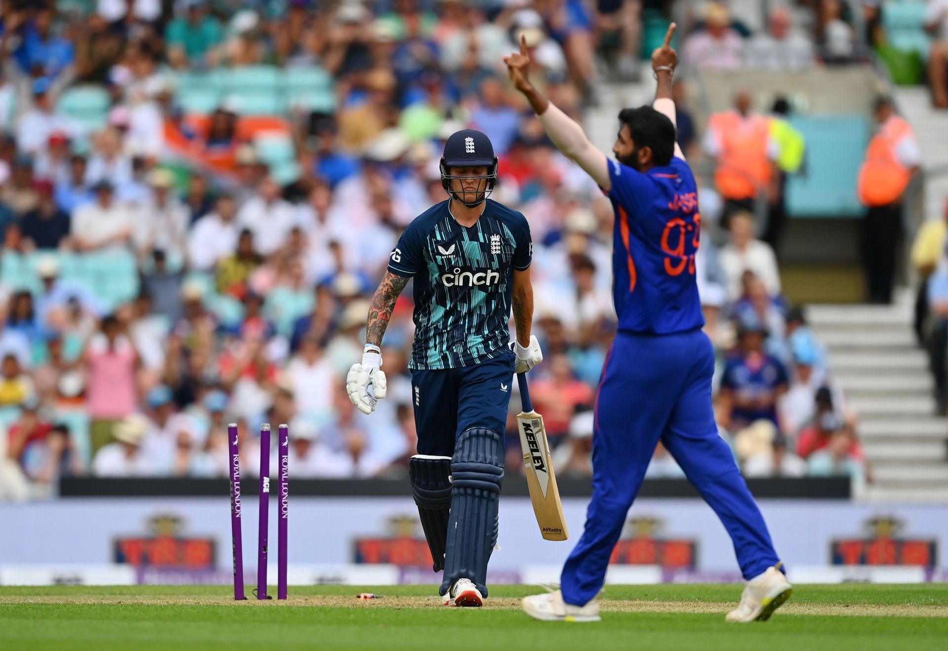 Jasprit Bumrah reacts after cleaning up Brydon Carse. Pic: Getty Images