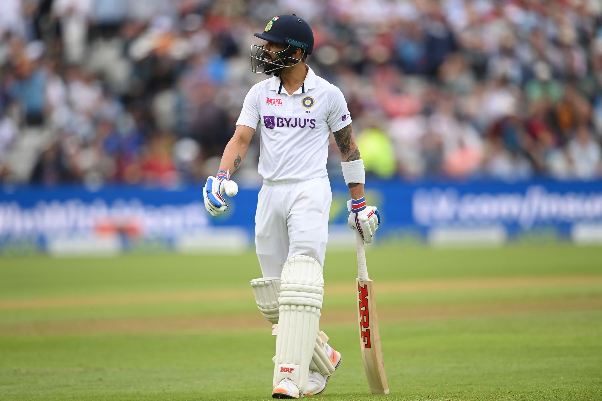 Virat Kohli walks off after being dismissed during Day 3 in Birmingham. Pic: Getty Images