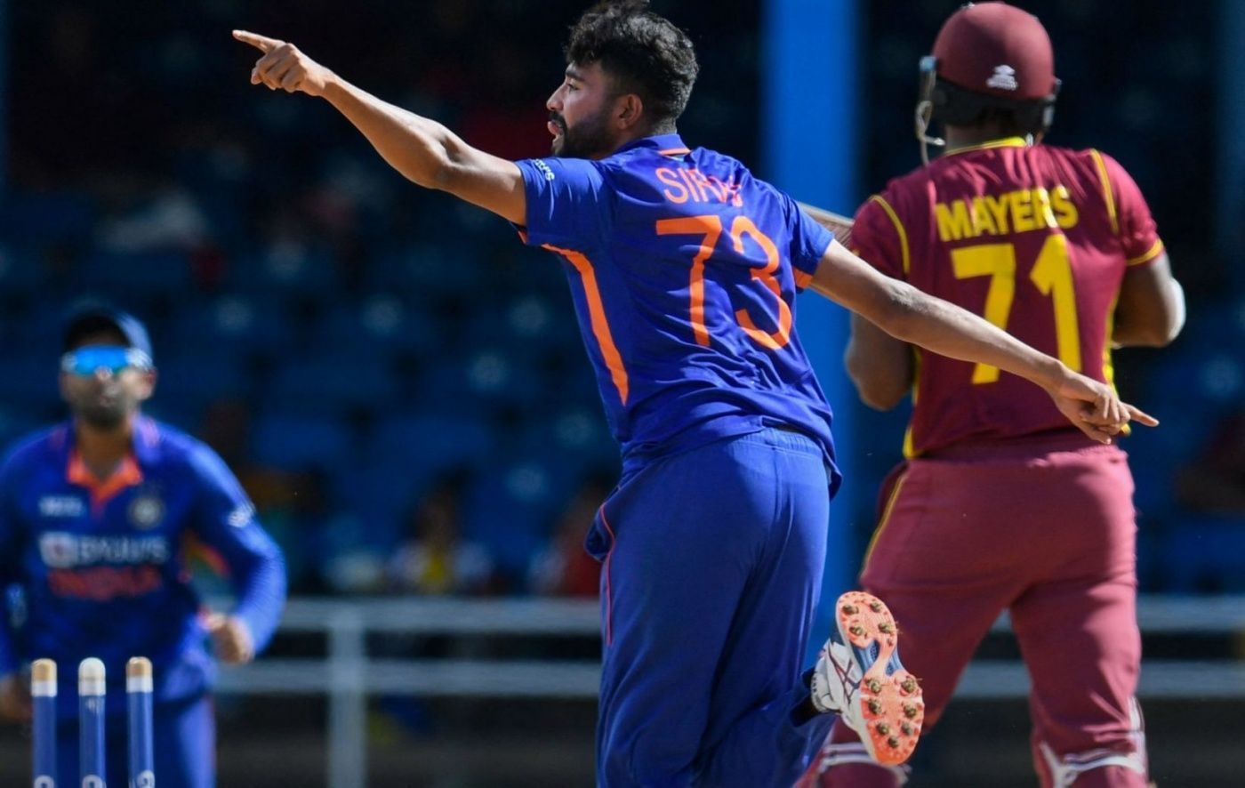Mohammed Siraj struck twice in his first over. Pic: Fancode