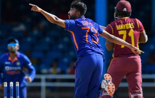 Mohammed Siraj struck twice in his first over. Pic: Fancode