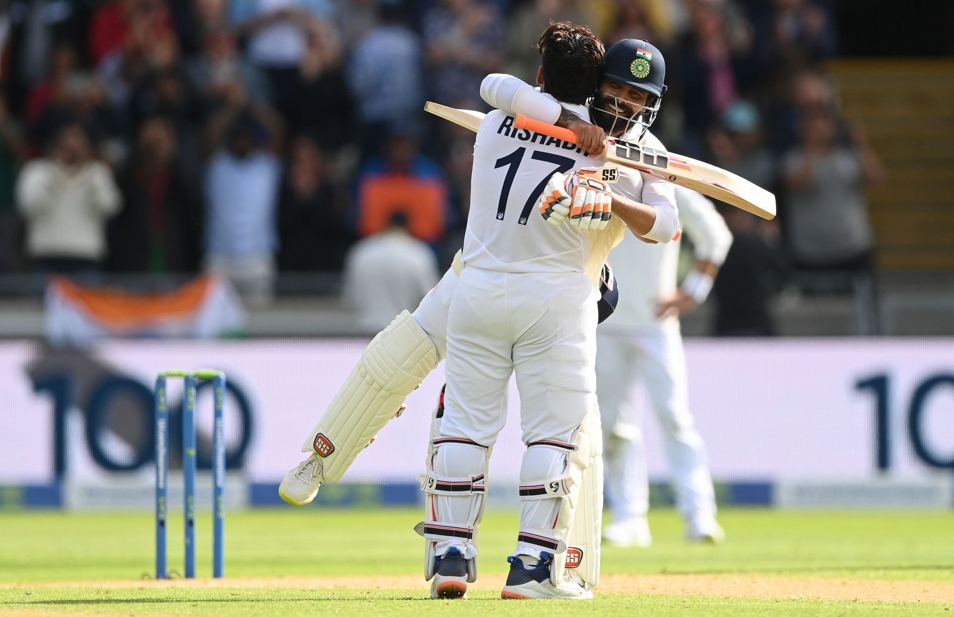 Ravindra Jadeja embraces Rishabh Pant as the latter reaches his fifth Test hundred