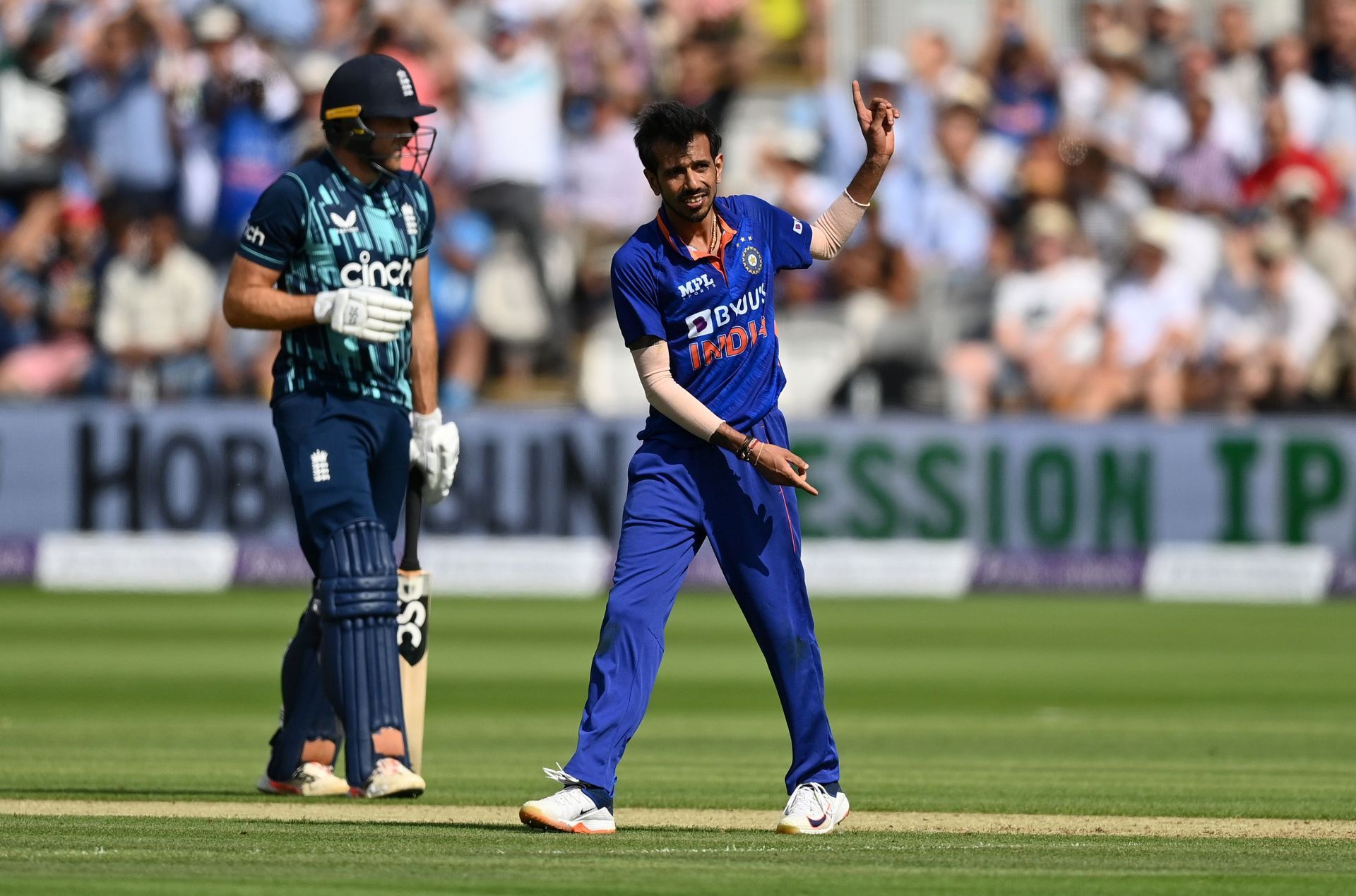 Yuzvendra Chahal celebrates taking the wicket of Moeen Ali. Pic: Getty Images