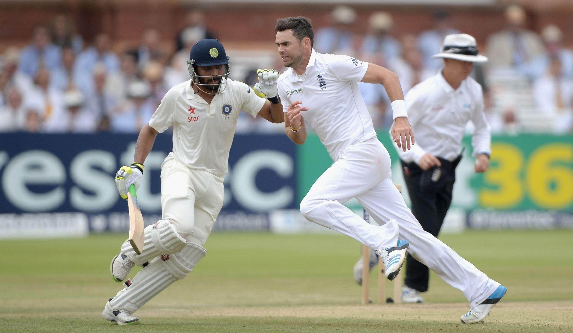 Ravindra Jadeja (L) and James Anderson in action during the 2014 Test series. (P.C.:Getty)