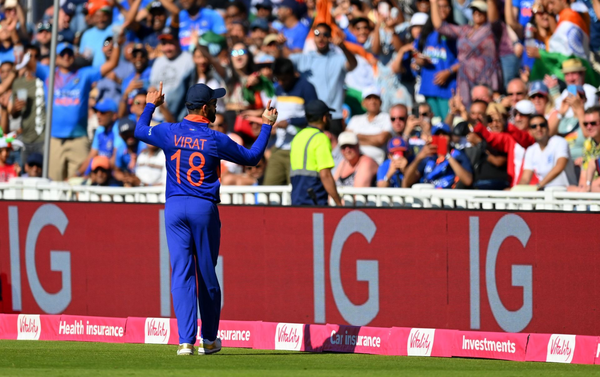 Virat Kohli had a great time near the boundary line during the second T20I against England (Image: Getty).