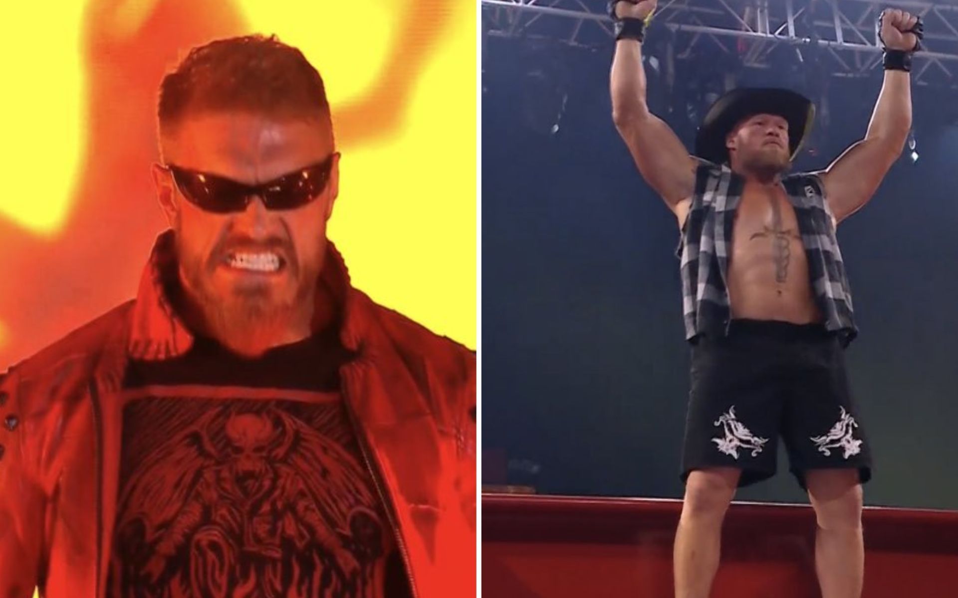 Edge (left); Brock Lesnar (right)