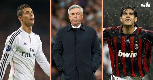 Cristiano Ronaldo (left), Carlo Ancelotti (center) and Kaka (right)