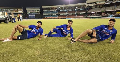 (L-R): Avesh Khan, Yuzvendra Chahal and Axar Patel (Image credits: BCCI)