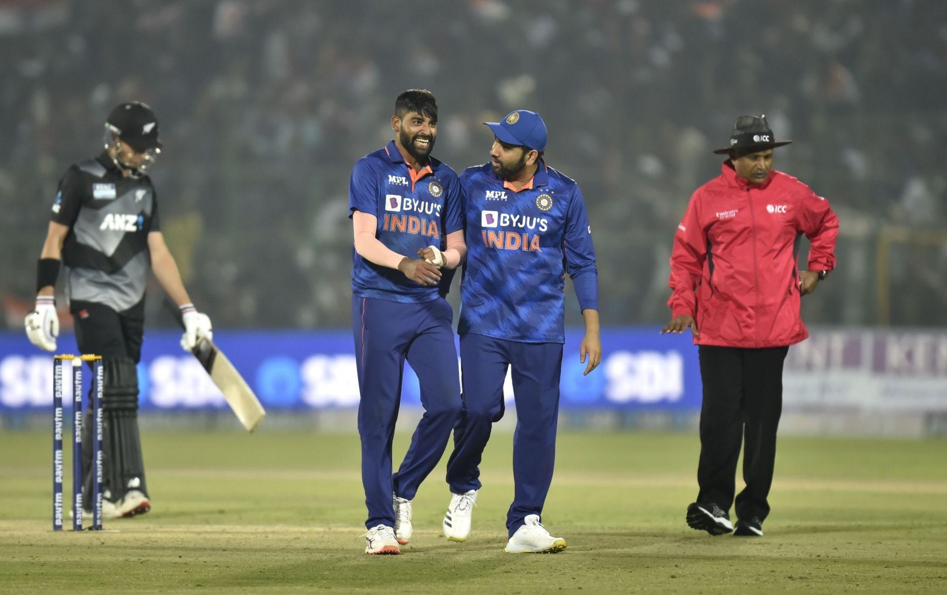 The Indian captain with Mohammed Siraj during the 2021 Jaipur T20I against New Zealand. Pic: Getty Images