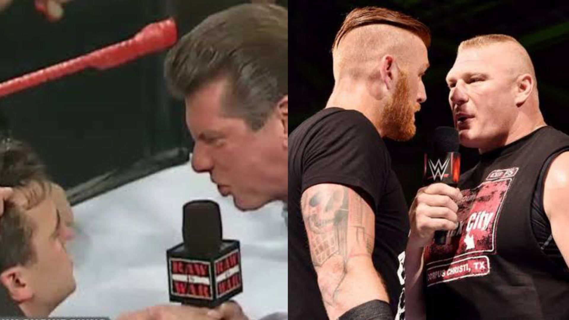 Shane and Vince McMahon (L); Brock Lesnar and Heath Slater (R).