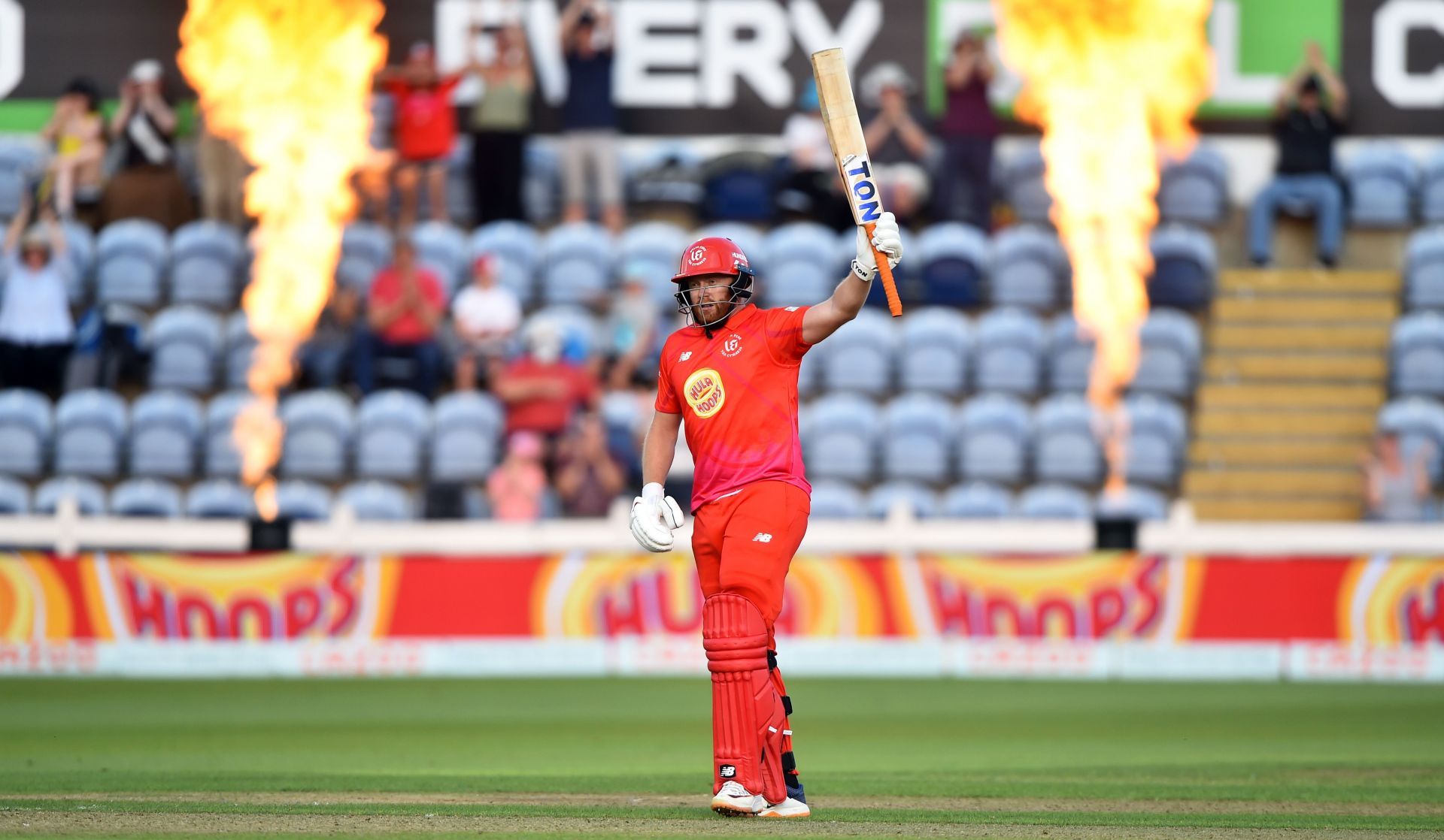 Jonny Bairstow raises his bat while playing for Welsh Fire. (Credits: Getty)