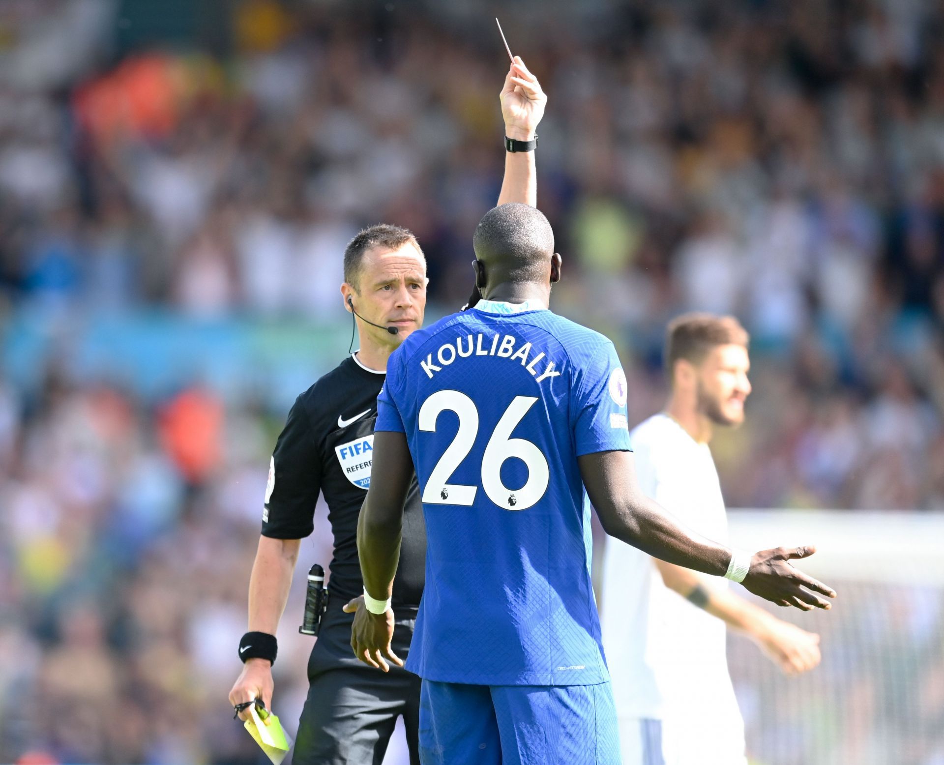 Kalidou Koulibaly is shown a red card by referee Stuart Atwell.