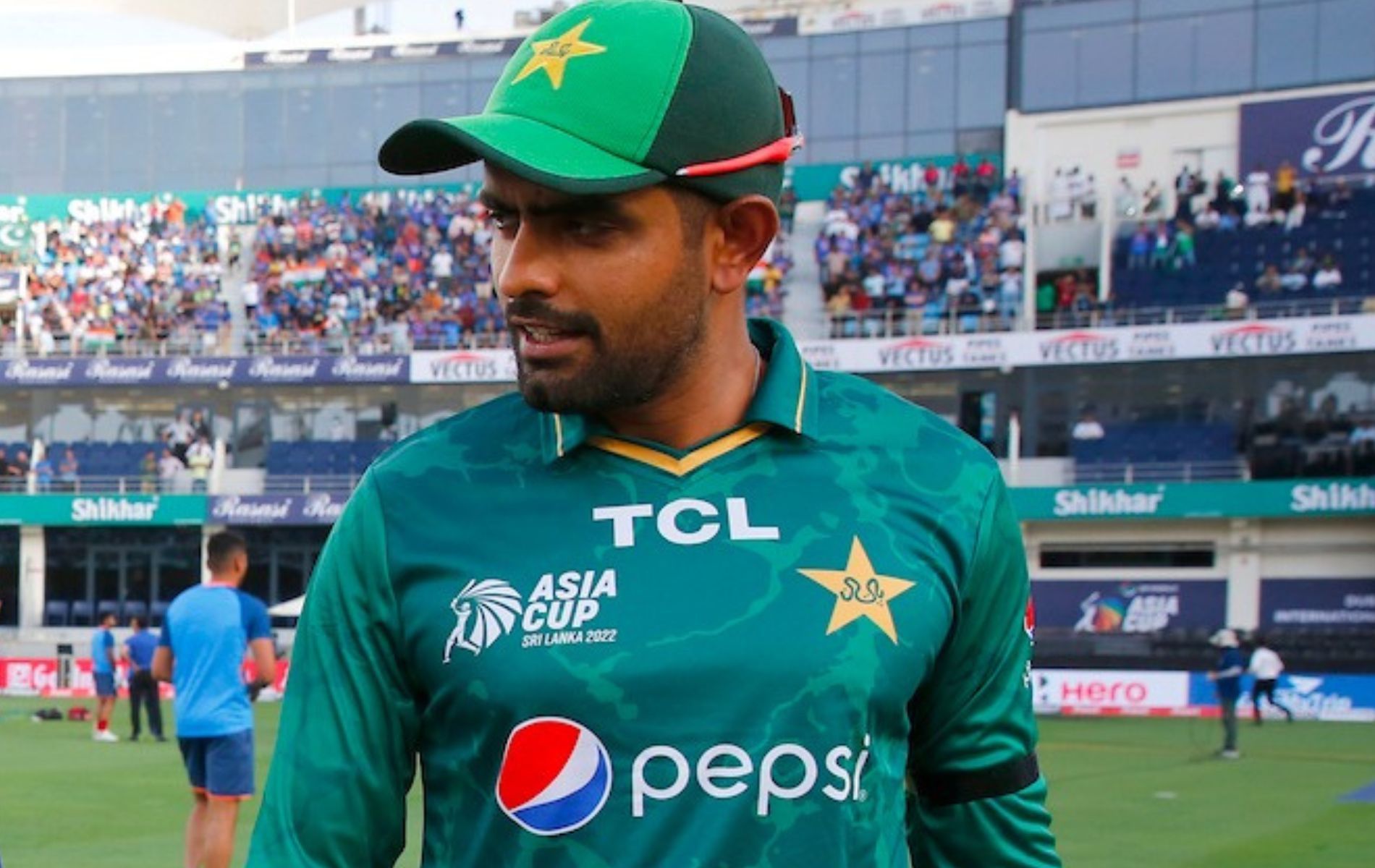 Pakistan captain Babar Azam at the toss on Sunday. (Pic: Twitter)