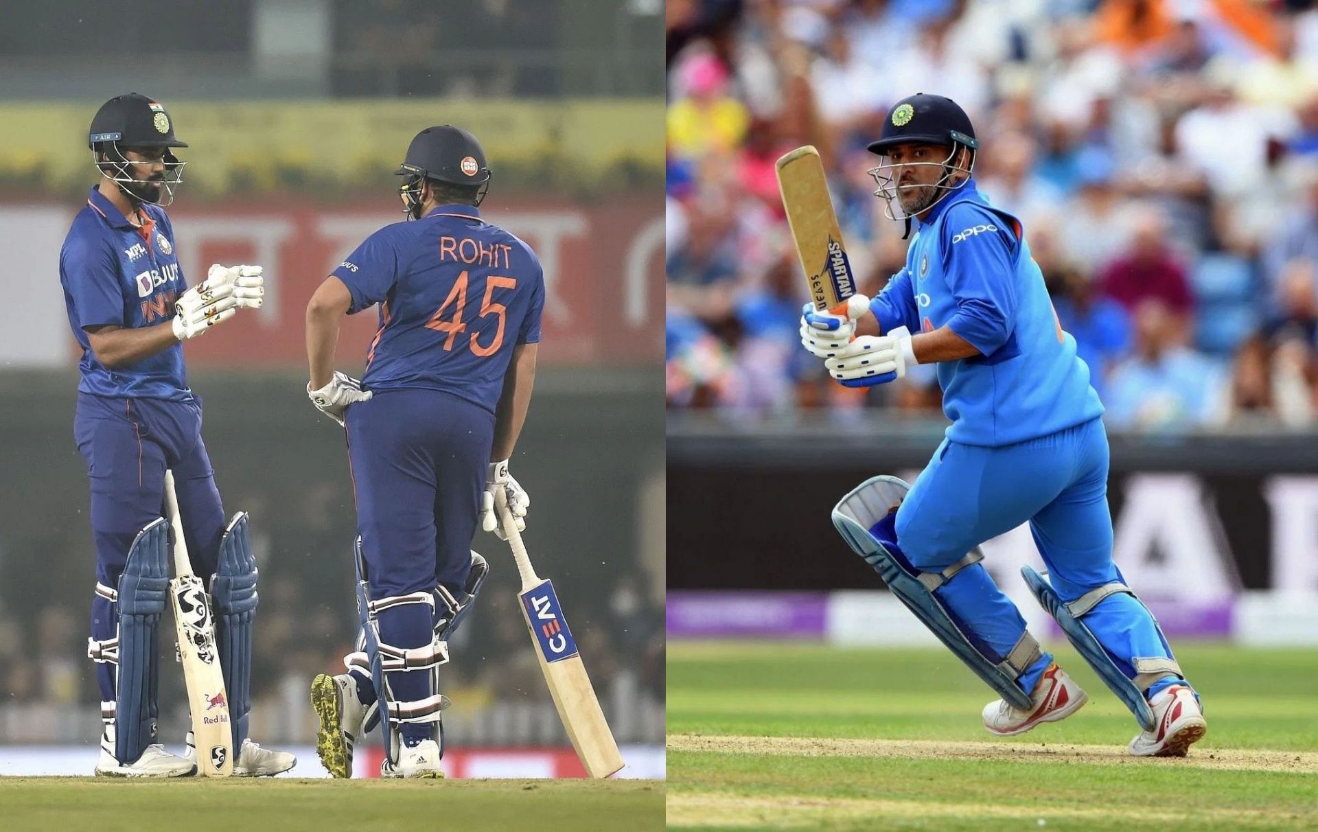 (Left) KL Rahul and Rohit Sharma; (Right) MS Dhoni. Pics: Getty Images
