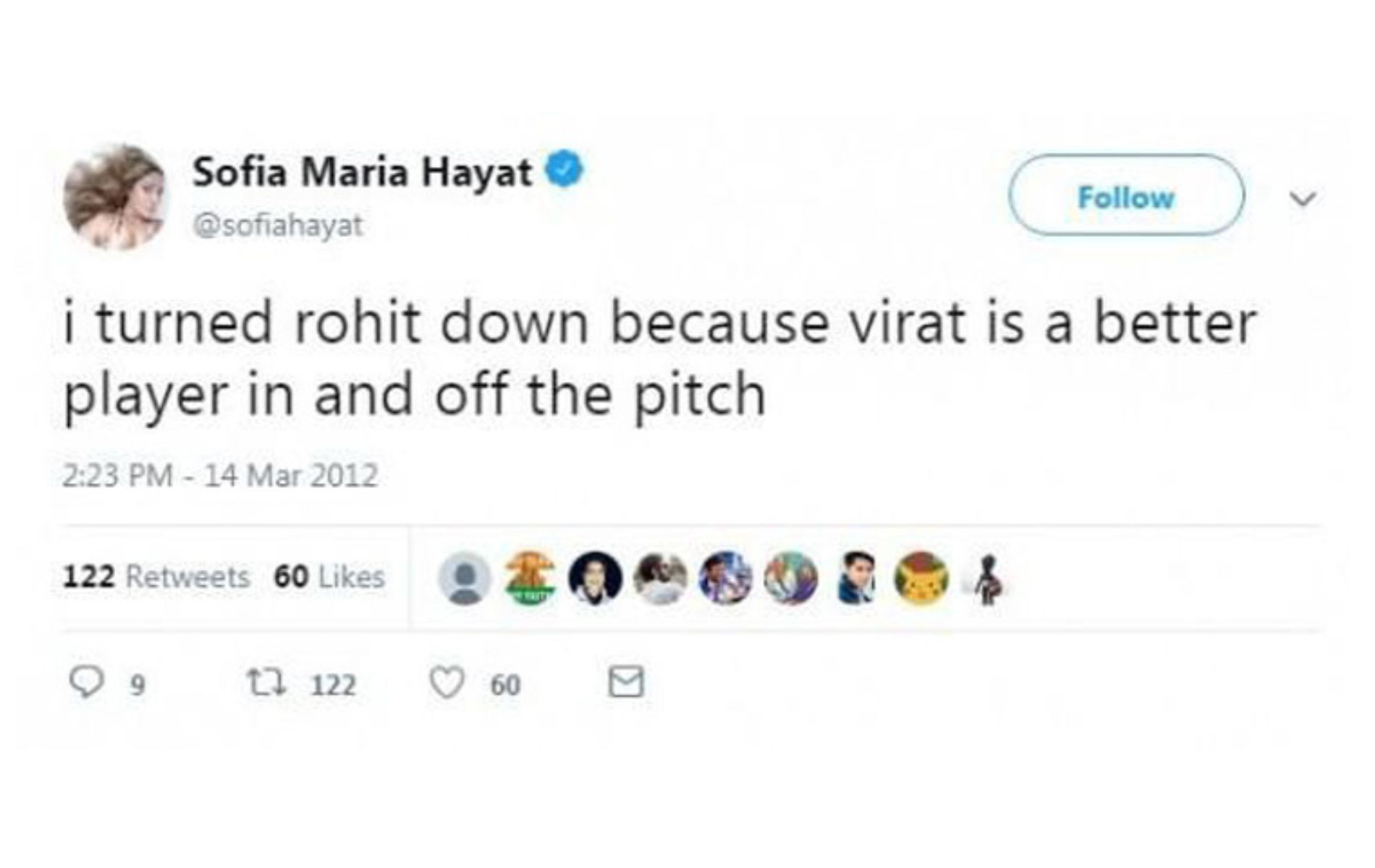 Sofia Hayat&#039;s tweet on Virat Kohli and Rohit Sharma.