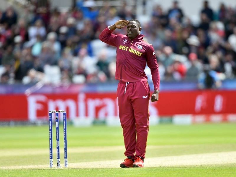 West Indies cricketer Sheldon Cotterell doing the ‘military salute’.