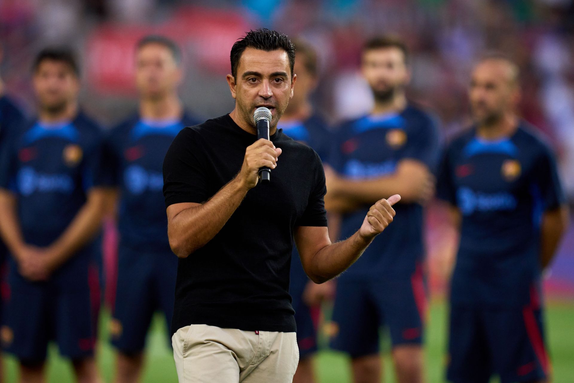 Xavi Hernandez speakihng ahead of the Joan Gamper Trophy match against Pumas UNAM