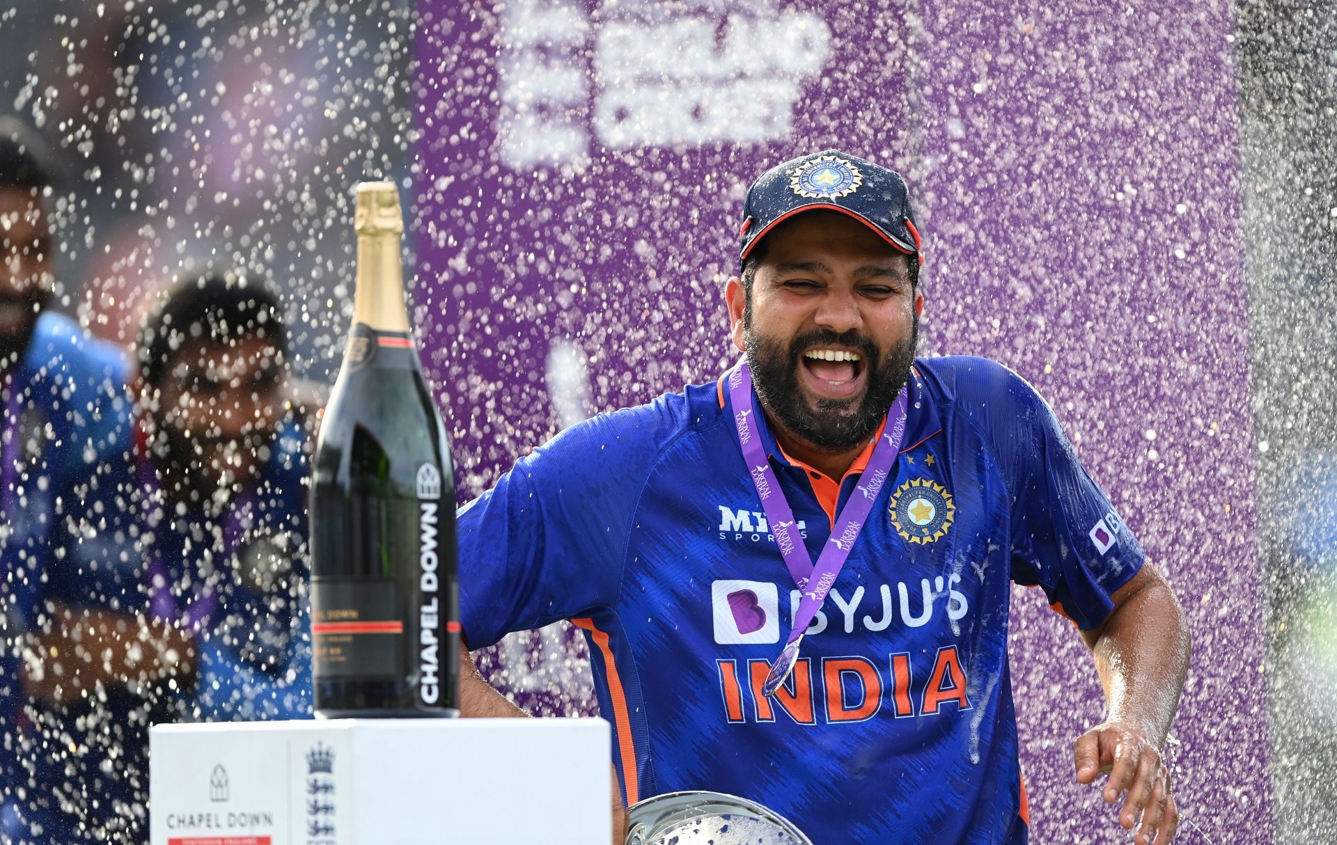 The Indian captain celebrates after the ODI series win in England. Pic: Getty Images