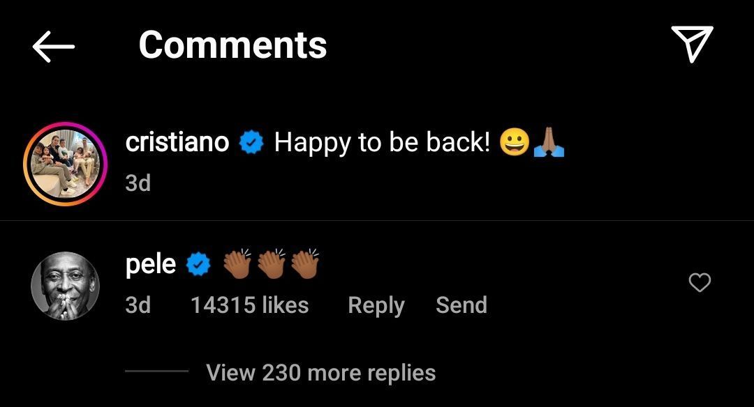 A screenshot of Pele's comment on Cristiano Ronaldo's post.