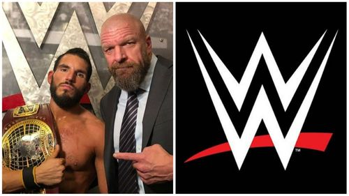 Triple H points at Johnny Gargano(L) World Wrestling Entertainment logo (R)