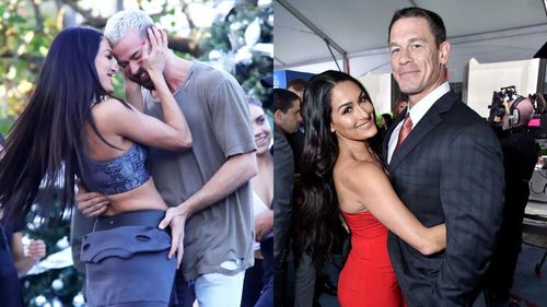 Nikki Bella with Artem Chigvintsev (left) and John Cena (right)