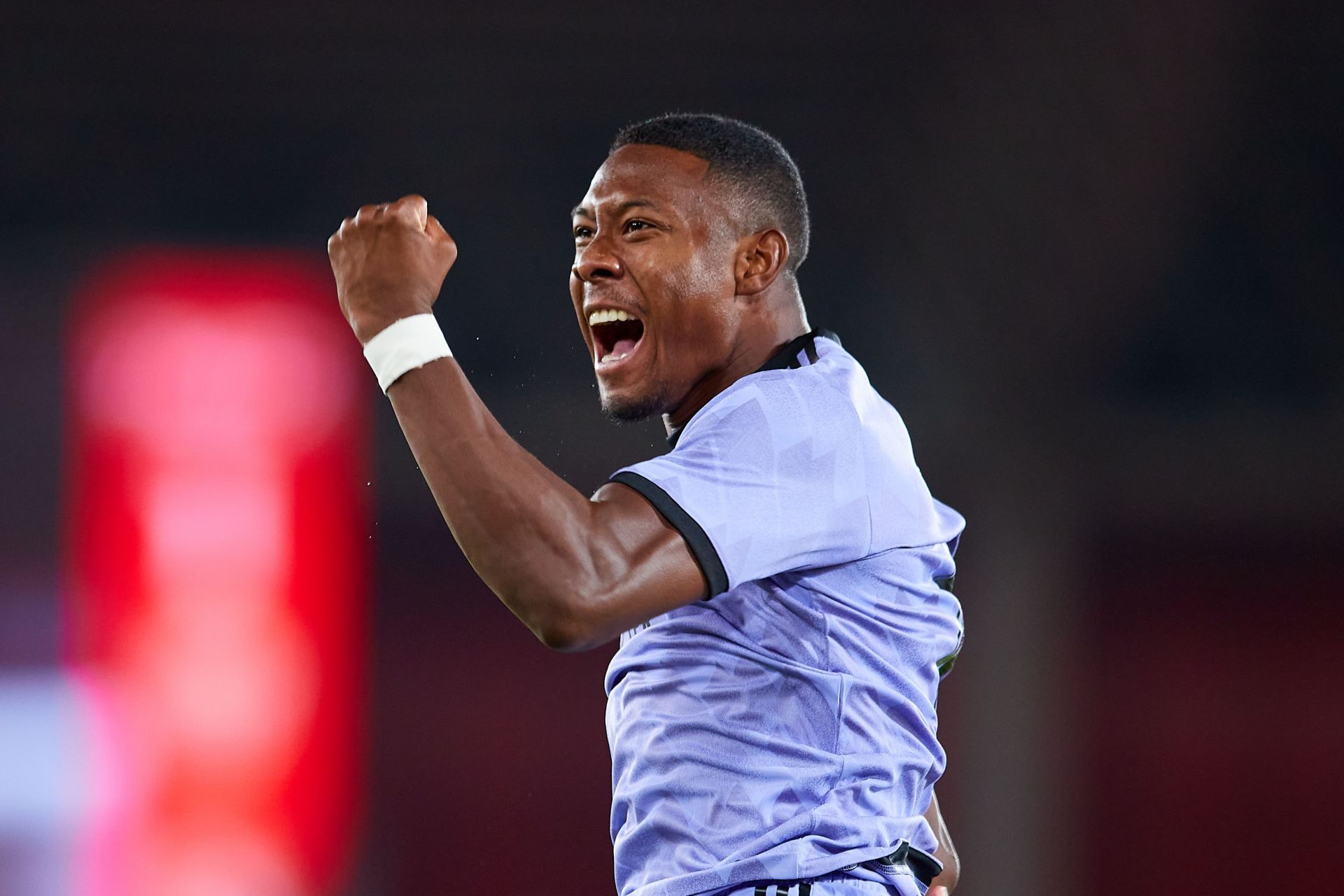 David Alaba celebrates after scoring the winner against Almeria.