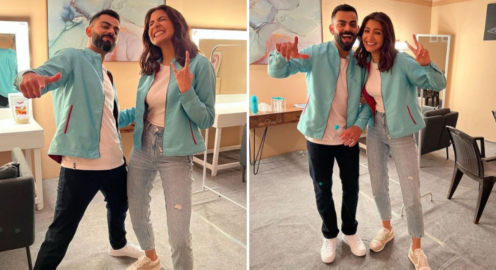 Virushka twinning in a sky-blue jacket. [Pic credits: Anuskha Sharma/ Instagram]