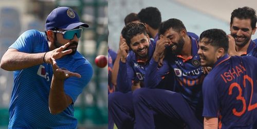 (Left) Rohit Sharma; (Right) Members of the Indian cricket team.